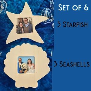 6 Beach Themed Photo Frames/ Ornaments— 3 Starfish & 3 Seashells